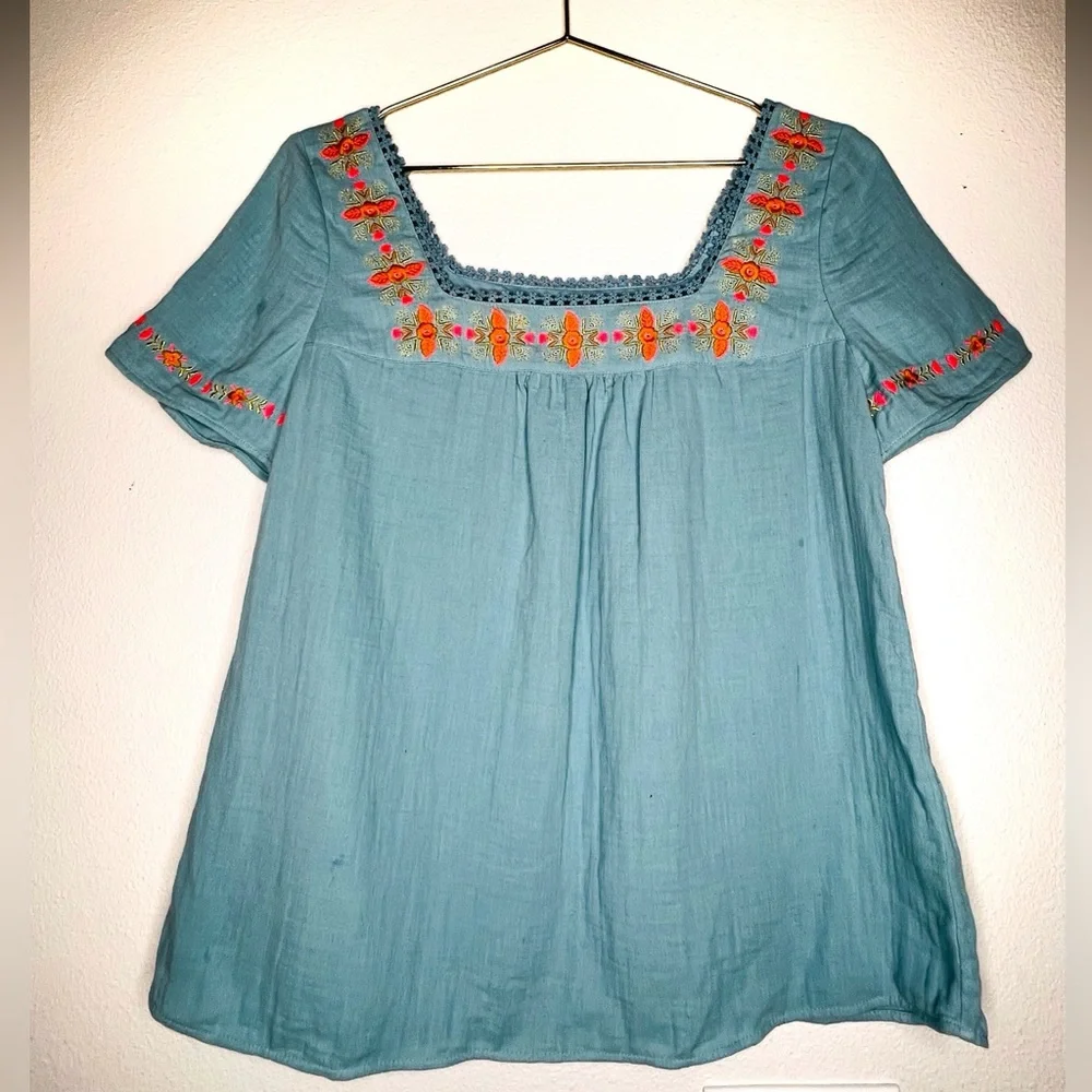 Boden Shirt Women's blouse Clemmie Embroidered Cotton Peasant Top blue gold pink - Picture 2 of 8